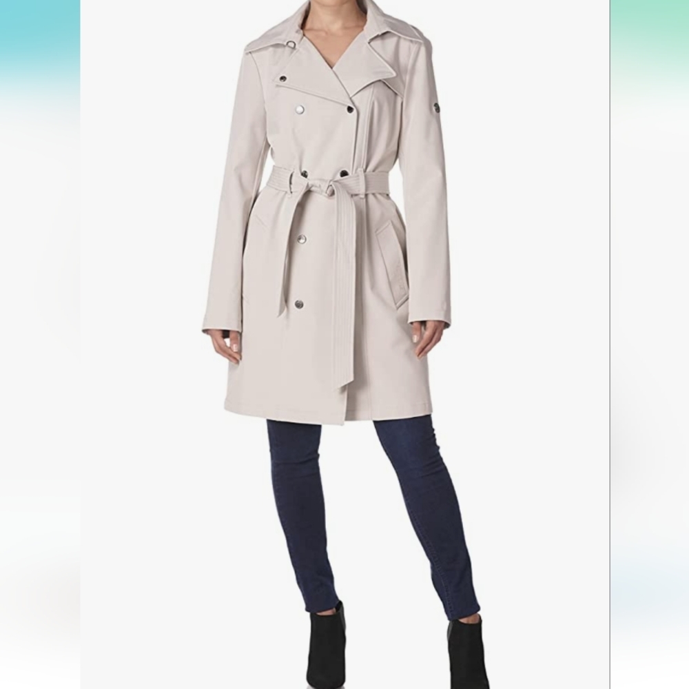 NWT Calvin Klein Women's Belted Rain Jacket with Removable Hood